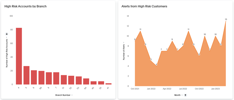 Charts showing AML compliance reports on high-risk accounts at a financial institution